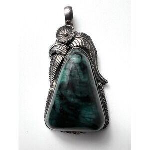 Vintage TOBLER Sterling Silver Malachite Pendant Southwestern Leaf Flower Art
